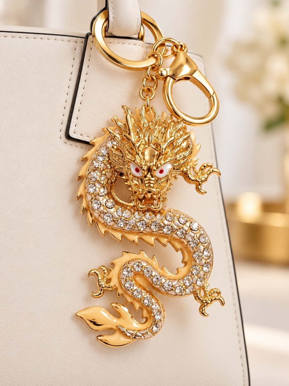 Gold Dragon Crystal Keychain Charm - Elegant Bag Accessory